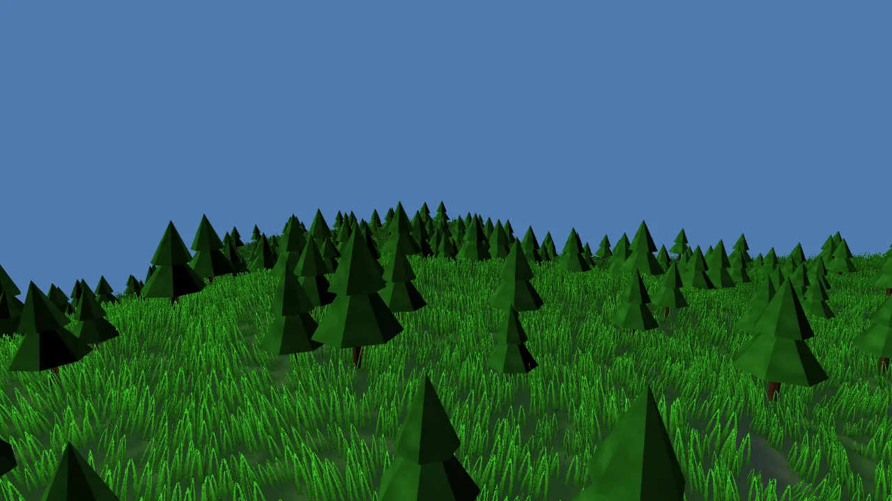 A 3D terrain scene in ignifx: rolling grass under a blue sky, scattered with low-poly pine trees.